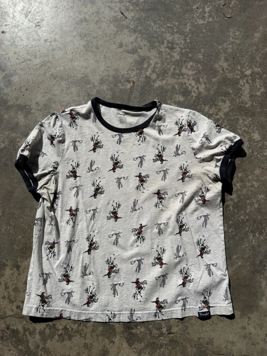 Wrangler Tops - Wrangler Cream Ringer Tee with Navy Trim and Cowboy/Cactus Motif